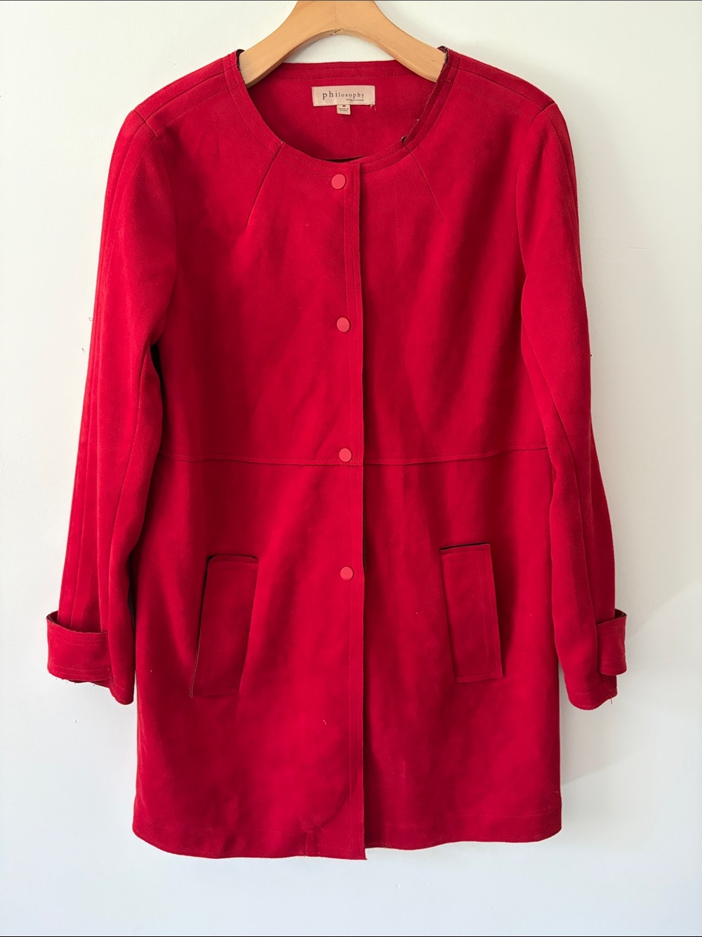 Philosophy Bold Red Collarless Snap-Front Faux Leather Trench Coat - Size Medium